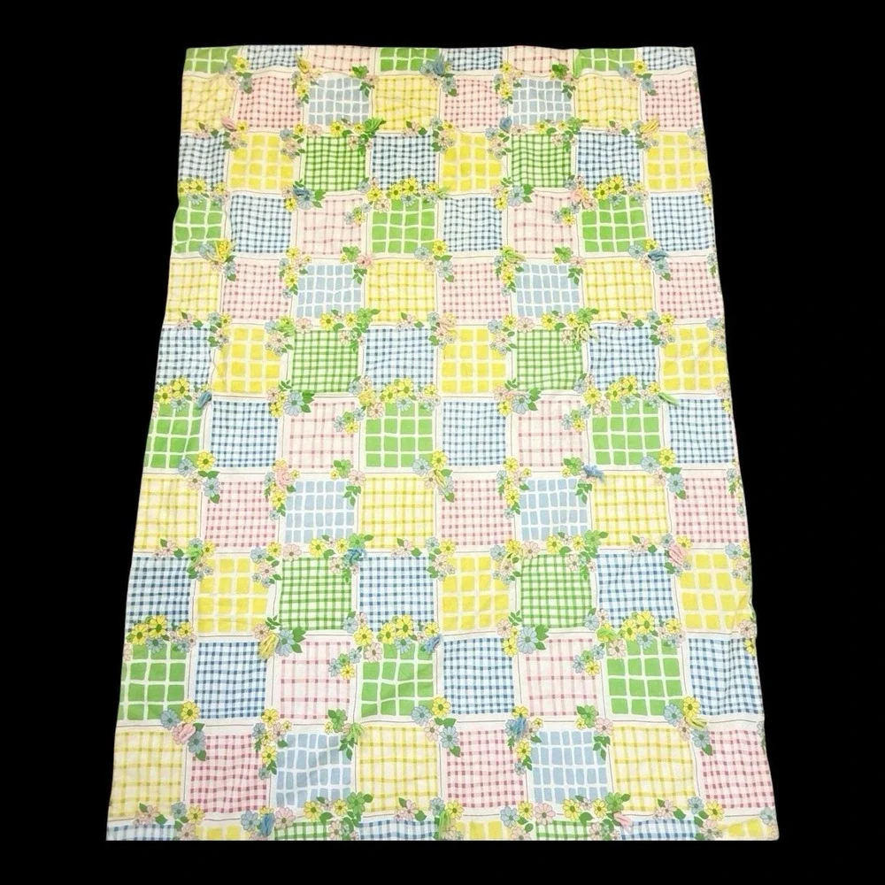 Vintage Quilt Blanket 65x45 Floral Gingham Patchwork Tied Pastel Nursery Retro